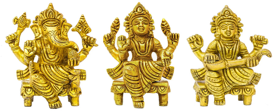 3" Ganesha Lakshmi Saraswati Brass Idol Set Handmade