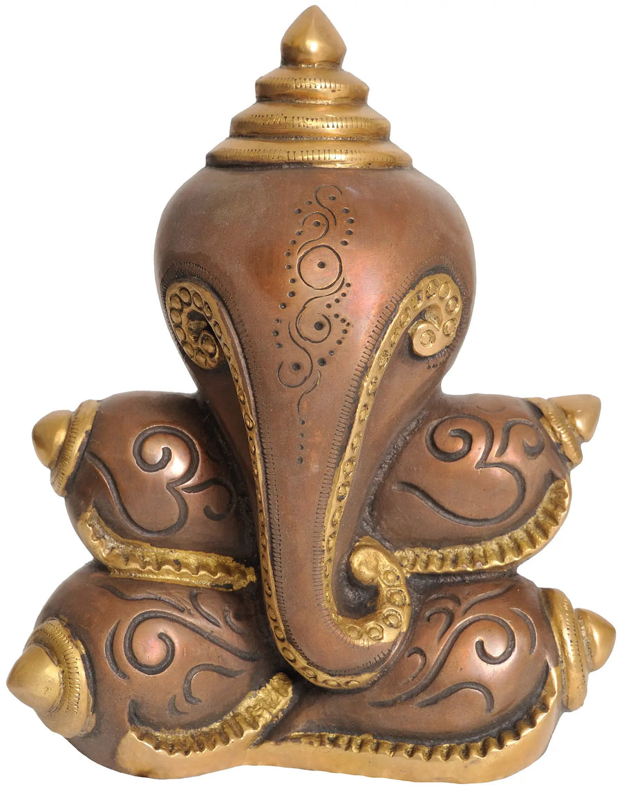 7" Brass Ganesha Wall Hanging with Conches - Handmade