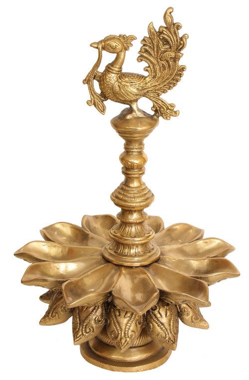 13" Brass Peacock Lamp with Lotus Petal Diyas Handmade