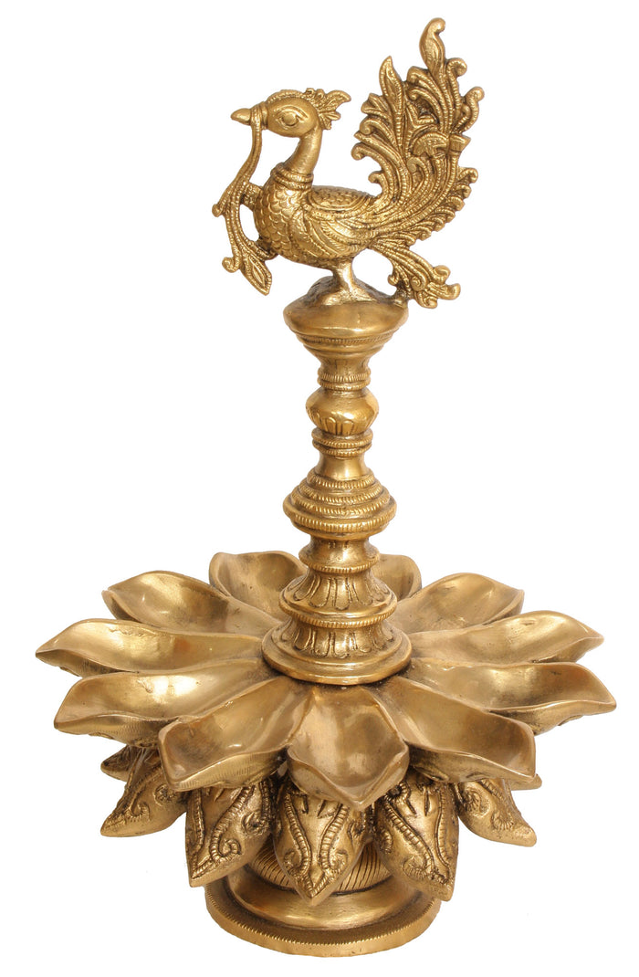 13" Brass Peacock Lamp with Lotus Petal Diyas Handmade