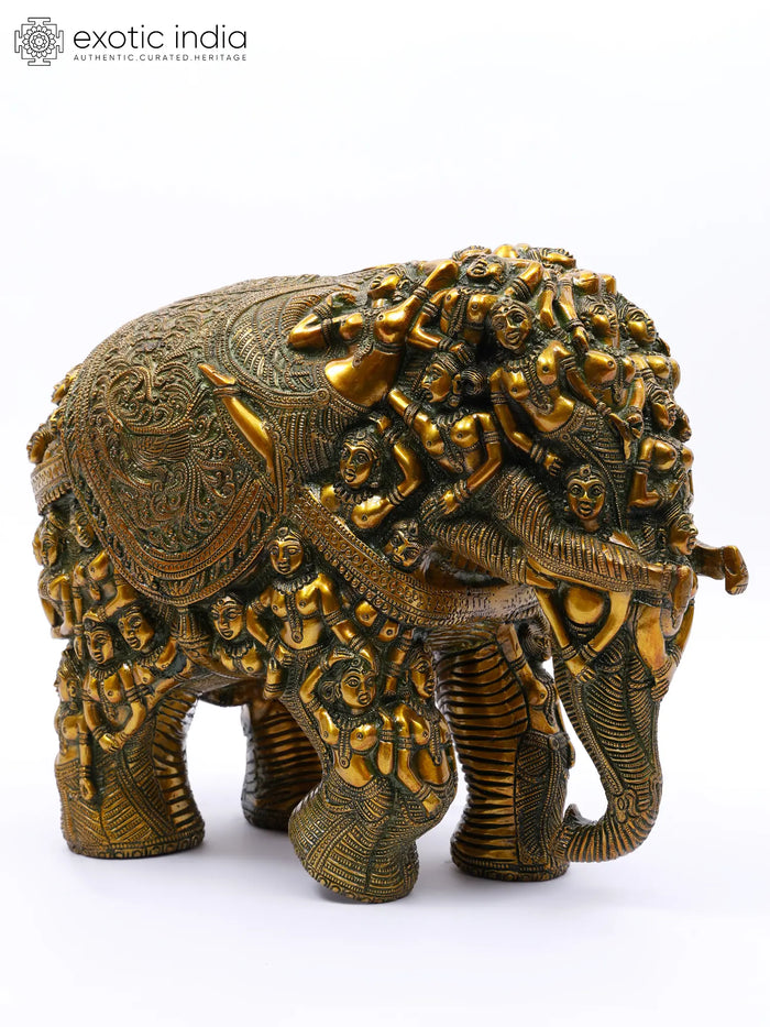 Brass Elephant with Lady Figures Handmade Statue