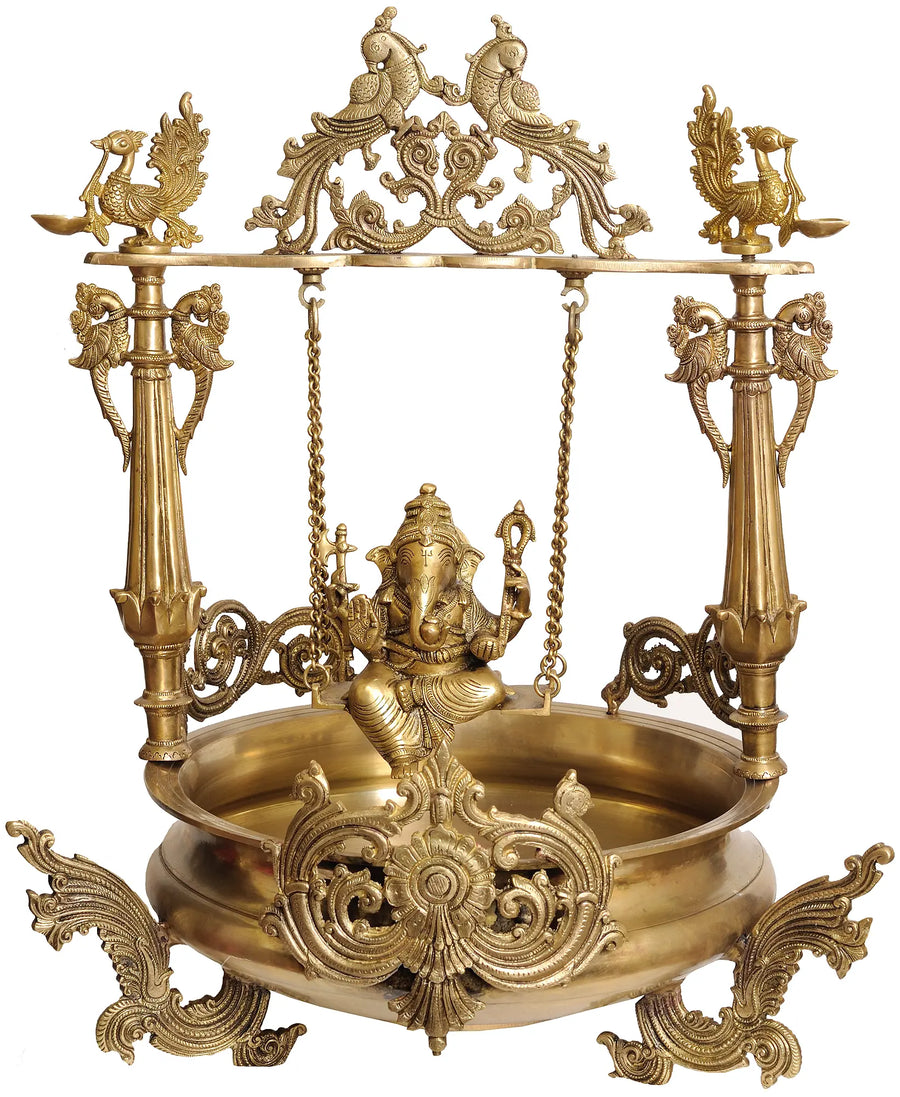27" Swinging Ganesha Brass Urli with Peacock Lamps Handmade