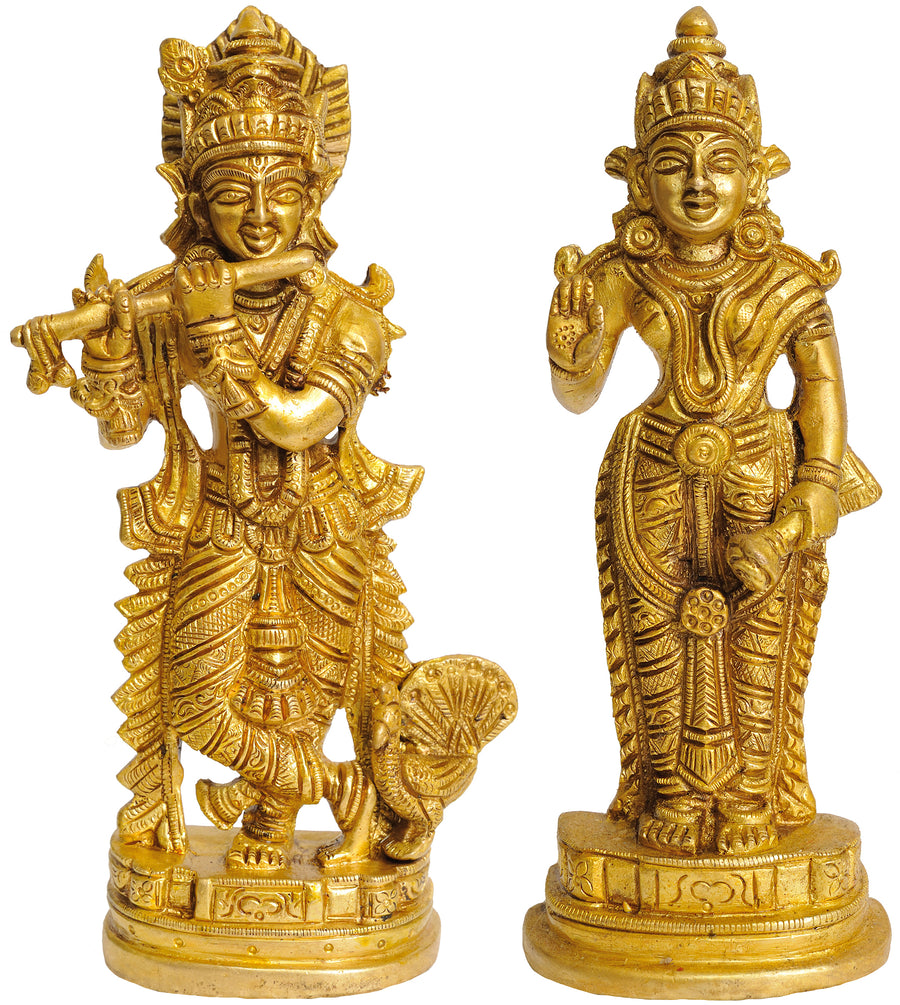 7" Krishna and Rukmani Brass Statue Pair Handmade