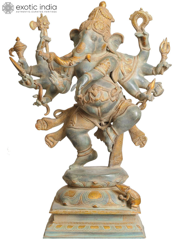 26" Large Size Ashtabhuja-dhari Yuddha Ganesha Brass Statue (Ganesha the Spiritual Warrior)