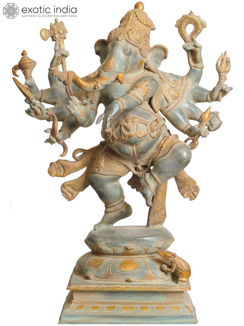 26" Large Ashtabhuja-dhari Yuddha Ganesha Brass Statue (Ganesha the Spiritual Warrior)