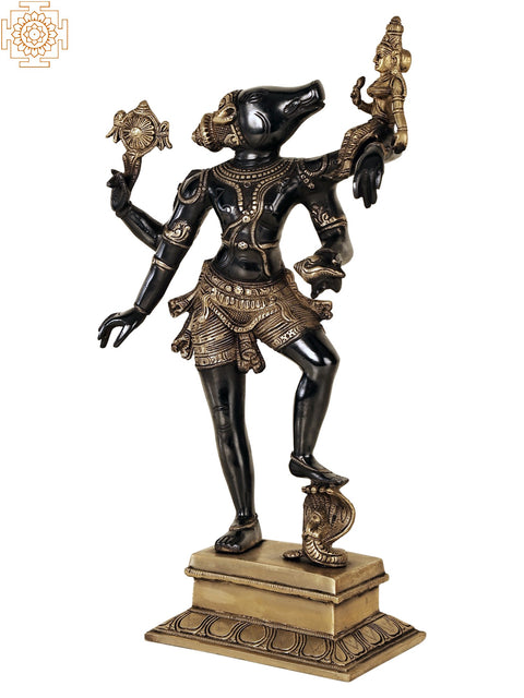 17" Varaha Avatara of Vishnu with Bhudevi (Boar Incarnation of Lord Vishnu) | Handmade Brass Statue