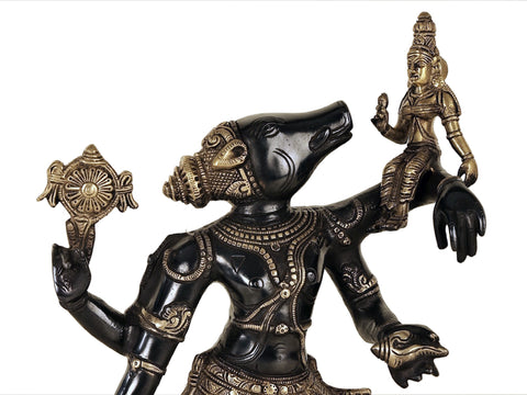 17" Varaha Avatara of Vishnu with Bhudevi (Boar Incarnation of Lord Vishnu) | Handmade Brass Statue