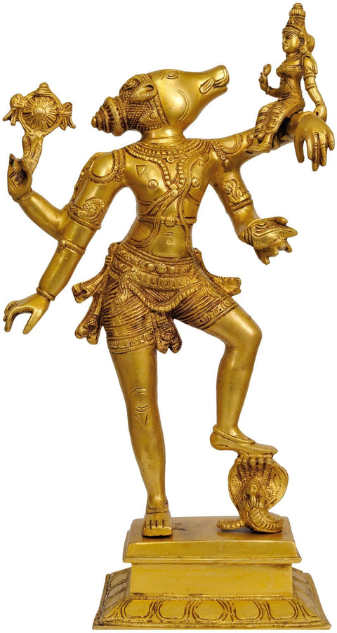 17" Varaha Avatara of Vishnu with Bhudevi (Boar Incarnation of Lord Vishnu) | Handmade Brass Statue