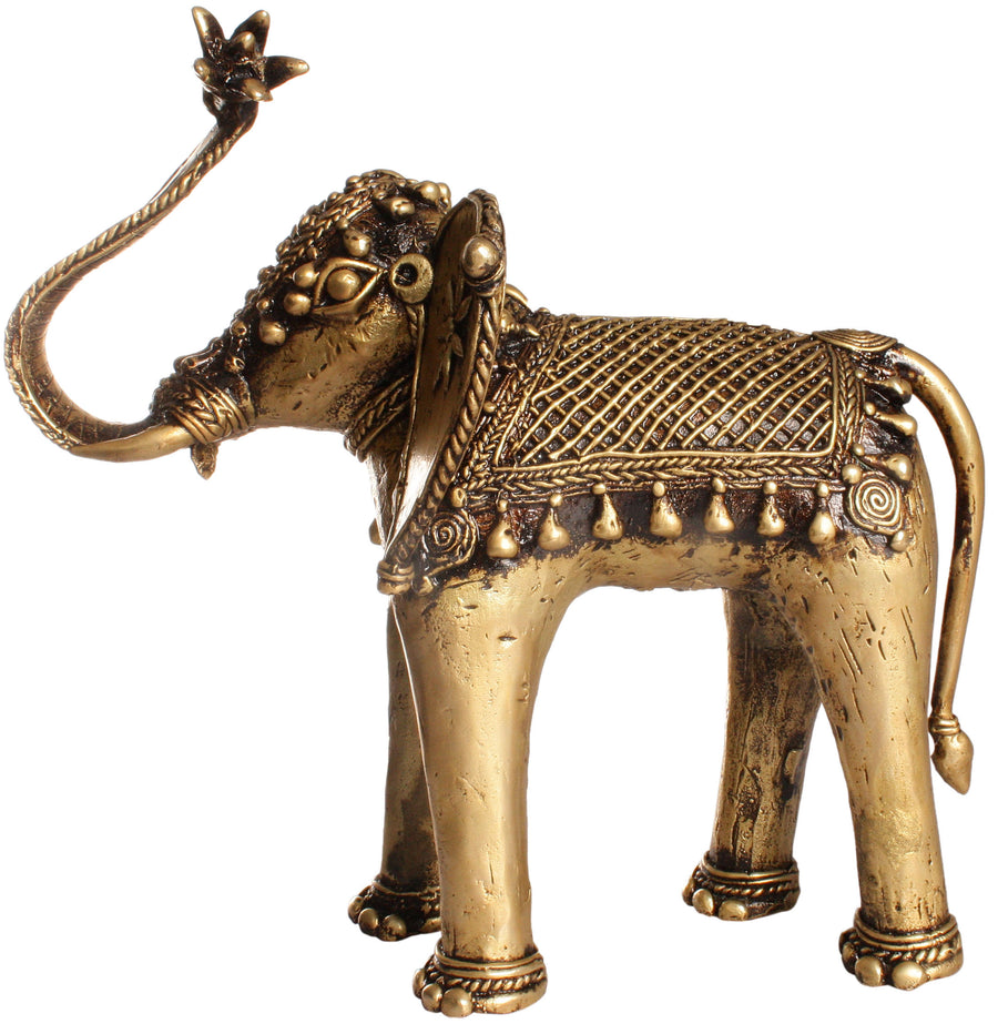 Elephant with Lotus Flower Brass Tribal Statue for Home Decor