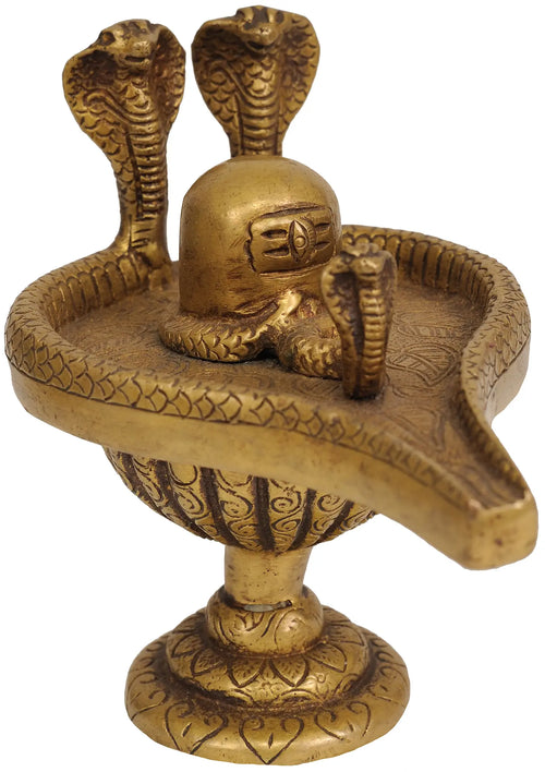 4" Brass Shiva Linga with Twin Snakes Handmade Statue