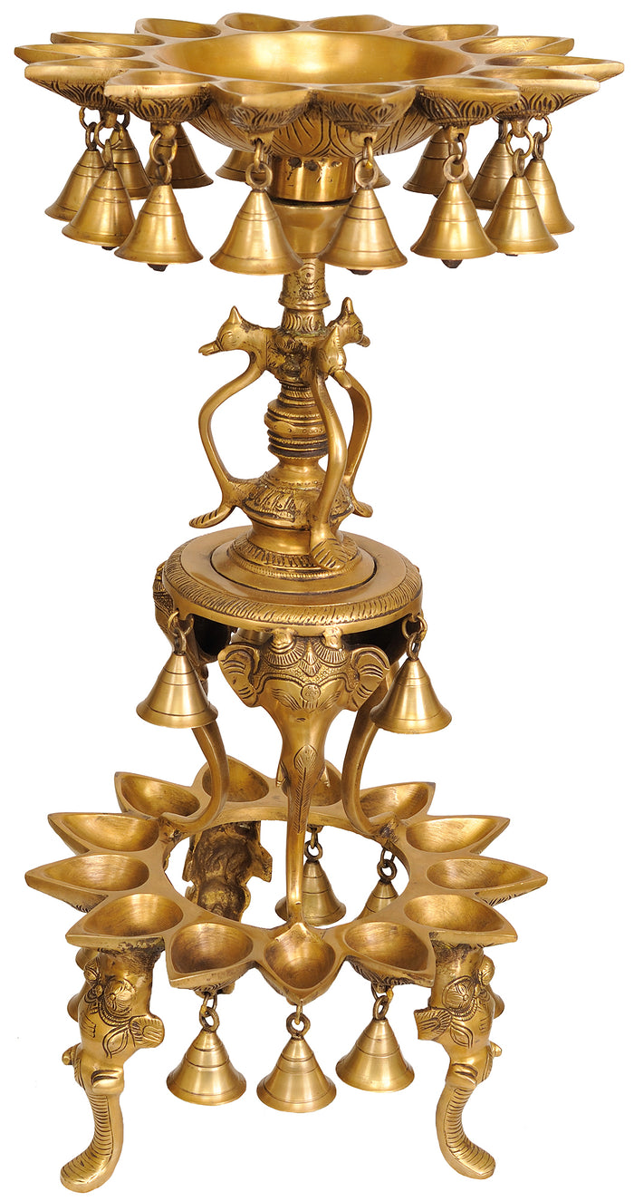 25" Brass Ganesha Lamp with Elephant Trunk Legs and Bells