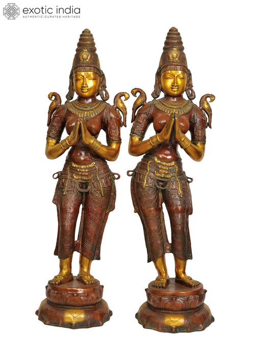 45" Pair of Namaste Ladies Welcome Brass Statues Handmade