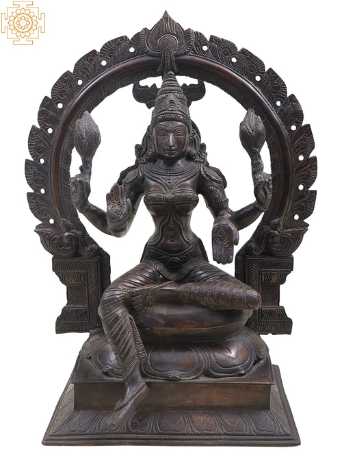 18" Brass Goddess Lakshmi Statue Seated on Lotus Throne with Floral Aureole