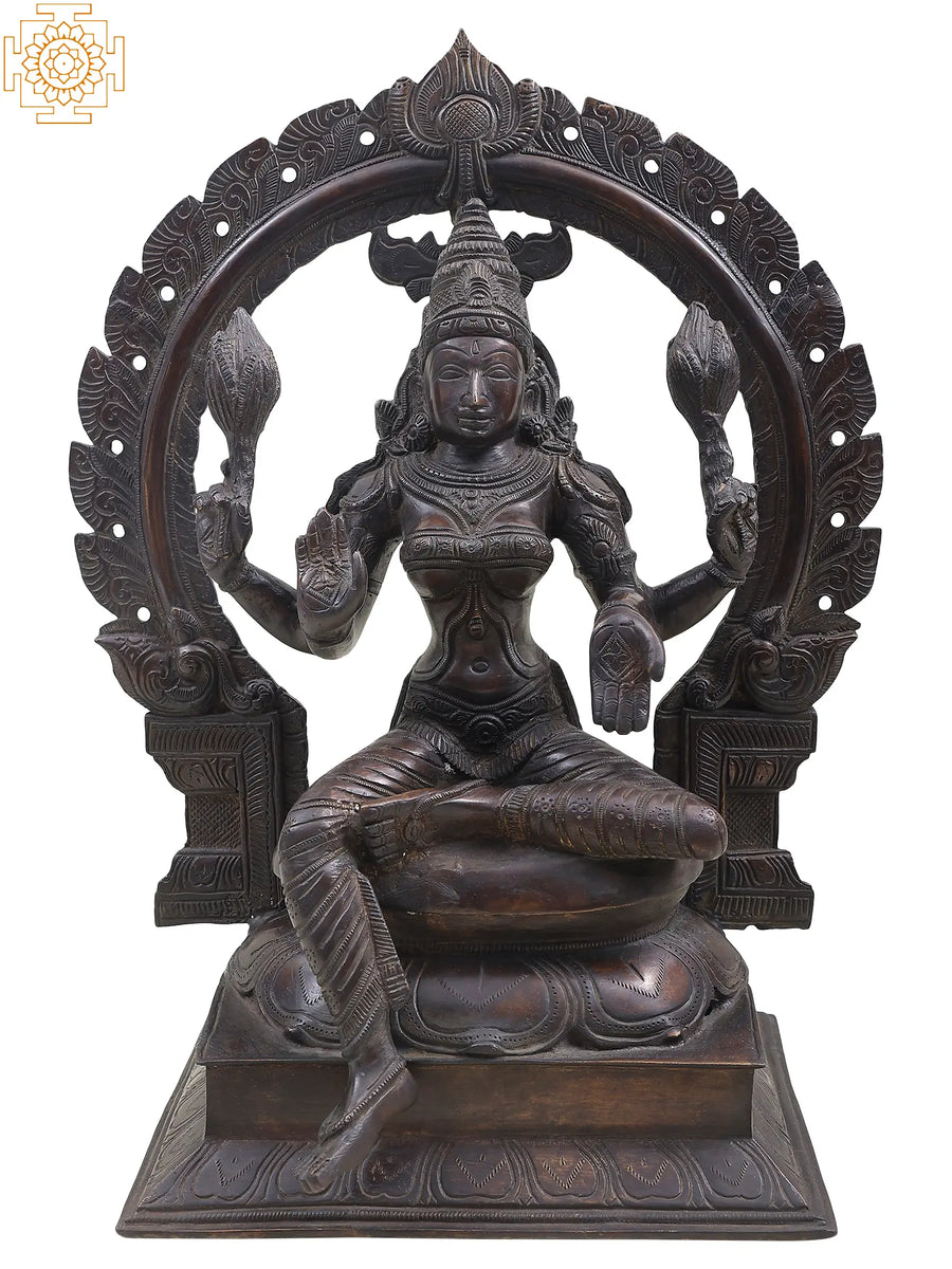 18" Brass Goddess Lakshmi Statue Seated on Lotus Throne with Floral Aureole
