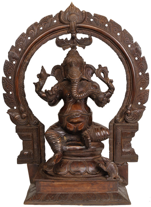 Large Size Four-Armed Seated Ganesha Brass Statue with Floral Aureole