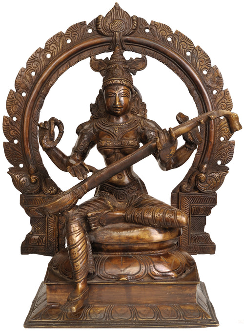 18" Brass Goddess Saraswati Playing Veena Handmade Statue