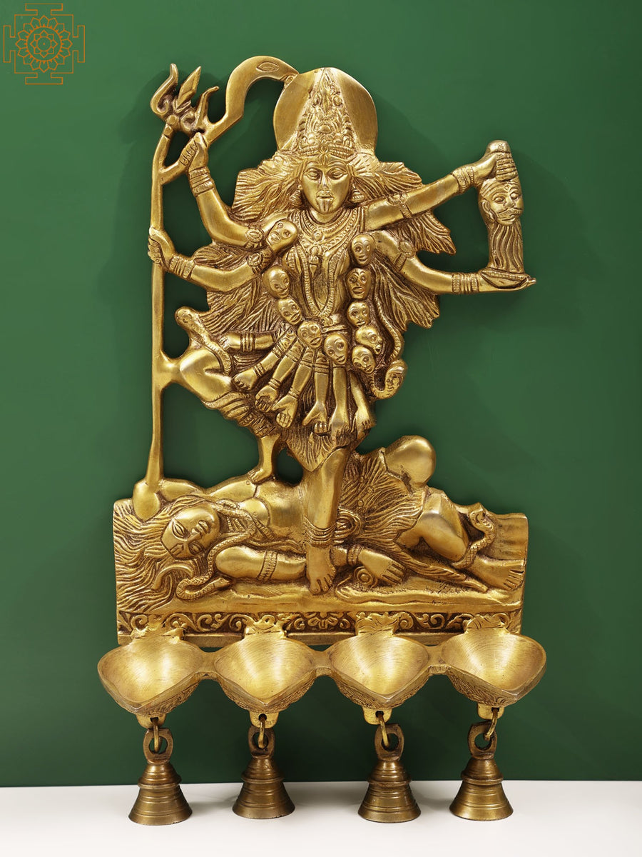 15" Goddess Kali Brass Wall Hanging Lamp with Bells