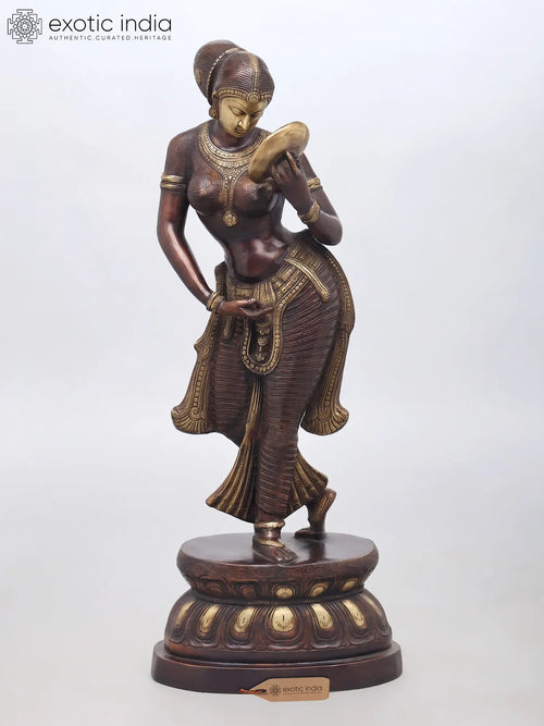 36" Handmade Brass Lady with Mirror Statue for Home Decor
