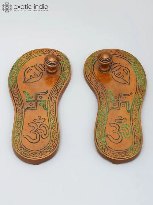 6" Handmade Brass Charan Paduka Statue with Auspicious Figure