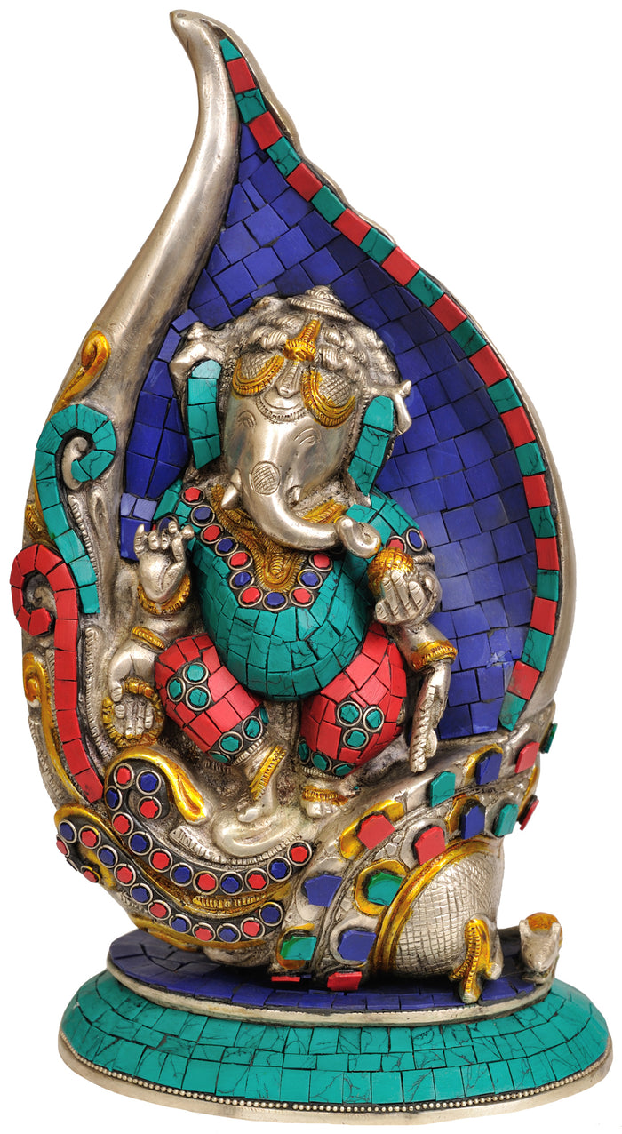12" Brass Ganesha with Conch Inlay Handmade Statue