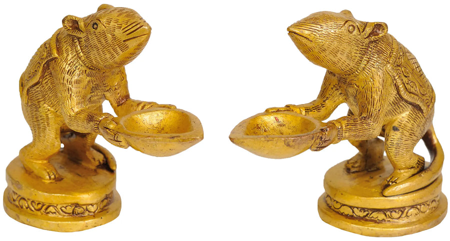 3" Brass Ganesha Rat Diya Pair Handmade Idol