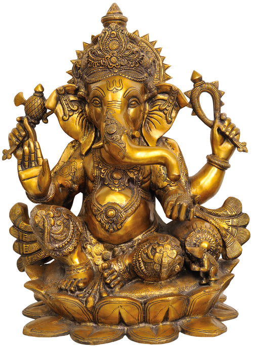 21" Handmade Brass Ganesha Statue with Kamalasana Chaturbhuja Design