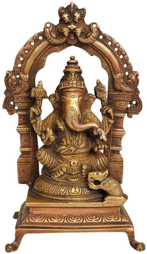 8" Temple Ganesha Brass Sculpture | Handmade | Made in India
