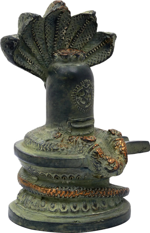 6" Brass Shiva Linga Idol with Serpent Protection and Om Marking