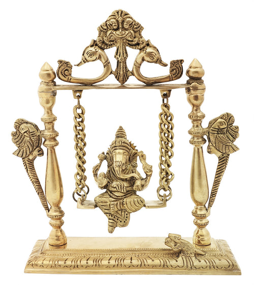 9" Handcrafted Bala Ganesha on Swing Brass Idol with Kirtimukha