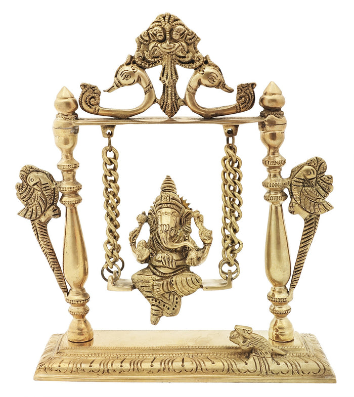 9" Handcrafted Bala Ganesha on Swing Brass Idol with Kirtimukha