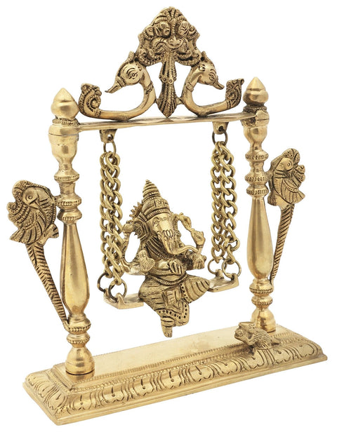 9" Bala Ganesha on Swing with Kirtimukha Atop | Indian Handcrafted Brass Idol