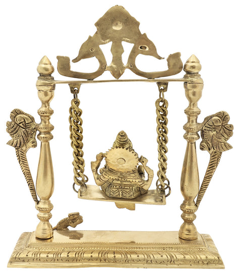 9" Bala Ganesha on Swing with Kirtimukha Atop | Indian Handcrafted Brass Idol