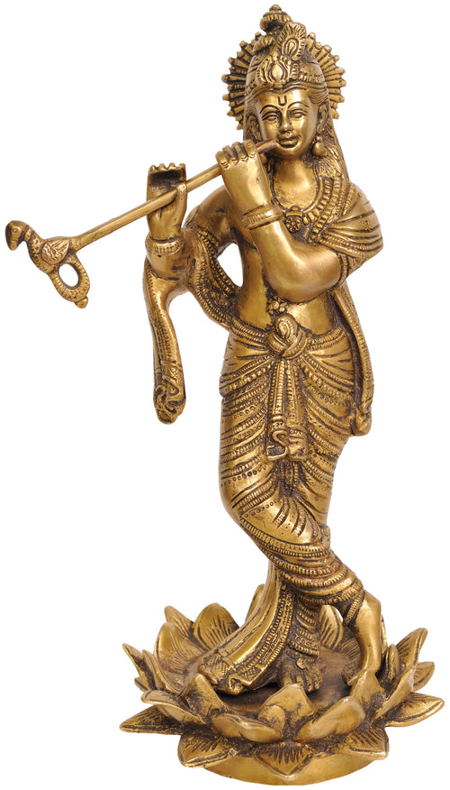 11" Handmade Brass Krishna Fluting on Lotus Flower Statue