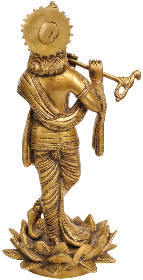 11" Fluting Krishna on the Lotus Flower In Brass | Handmade | Made In India