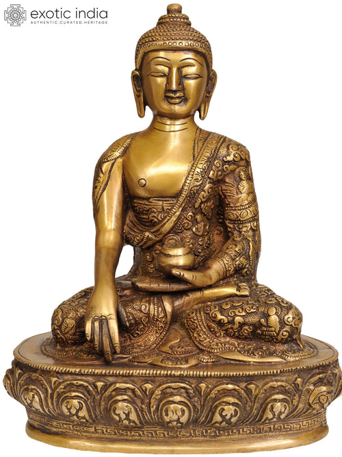9" Handmade Brass Buddha Statue in Bhumisparsha Mudra with Life Story Robes