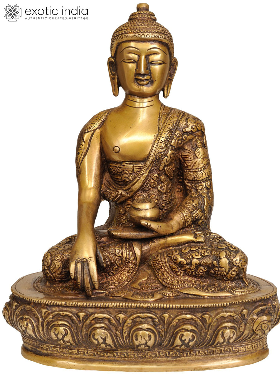 9" Handmade Brass Buddha Statue in Bhumisparsha Mudra with Life Story Robes