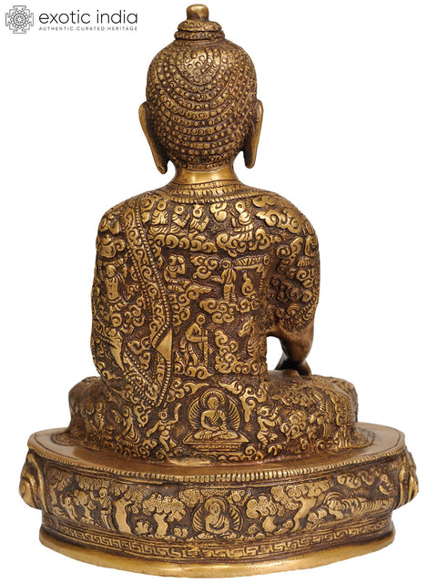 9" Lord Buddha in Bhumisparsha Mudra (Robes Decorated with the Scenes from His Life) In Brass | Handmade | Made In India