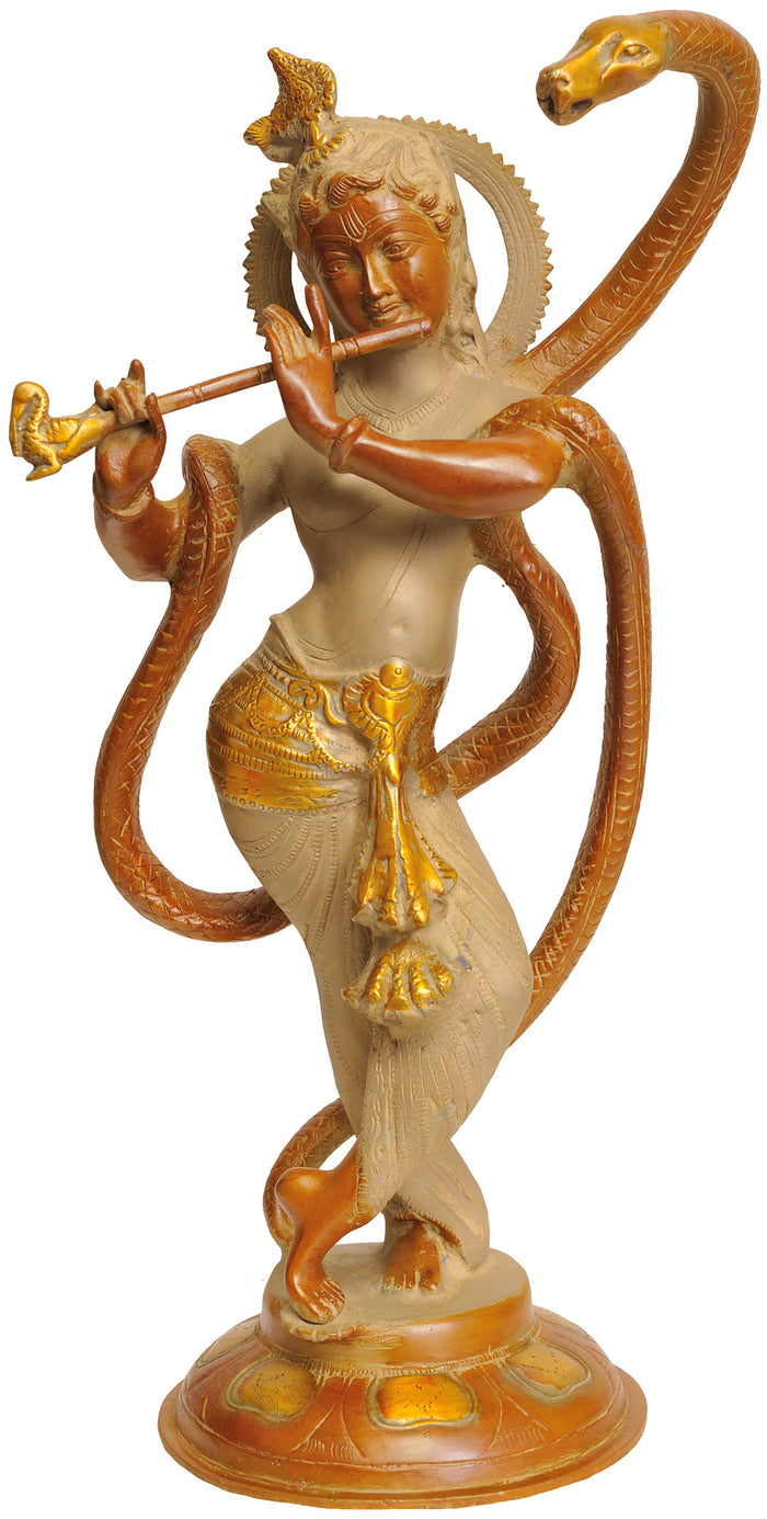 15" Shri Krishna with Kaliya Handmade Brass Statue