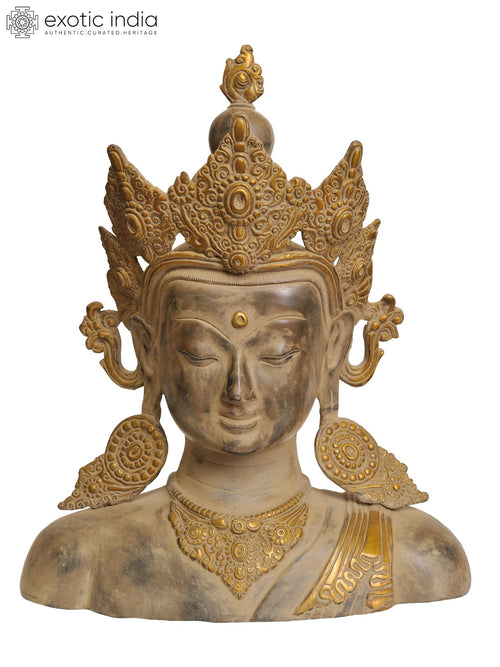 17" Crown Buddha Bust Handmade Brass Statue Tibetan Buddhist Deity