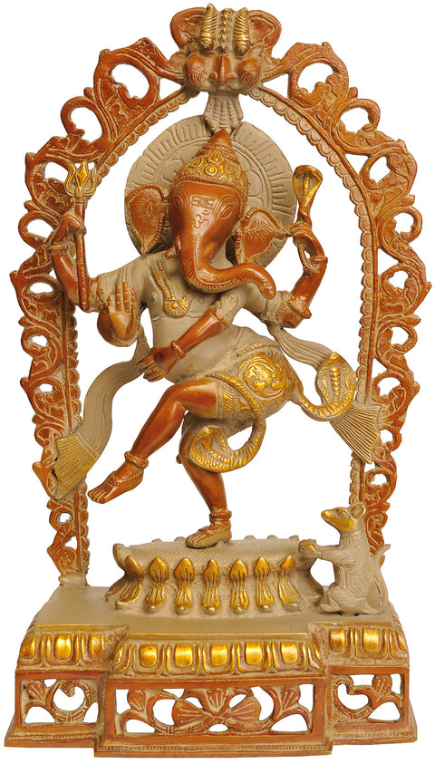 16" Dancing Ganesha with Kirtimukha Atop | Brass | Handmade | Made In India
