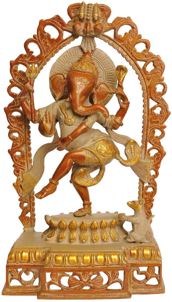 16" Dancing Ganesha Brass Statue with Kirtimukha Handmade