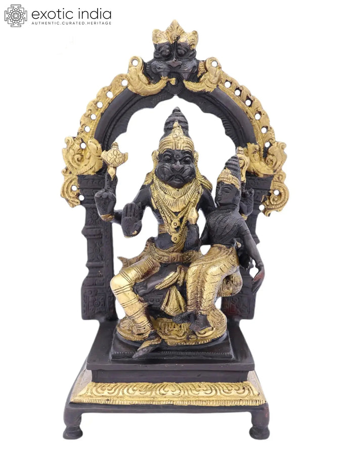 8" Lord Narasimha with Goddess Lakshmi in Brass | Handmade | Made in India