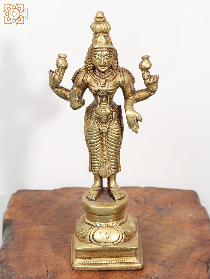6" Four-Armed Lakshmi Brass Statue Handmade