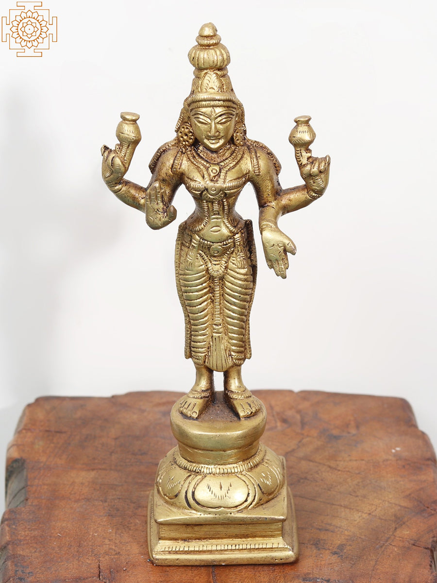 6" Four-Armed Lakshmi Brass Statue Handmade