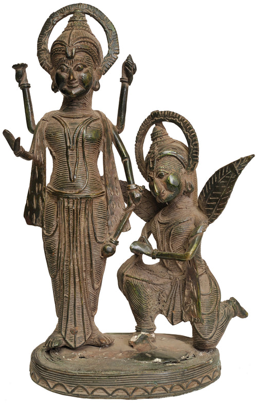 8" Brass Garuda Paying Obeisance to Vishnu Tribal Statue Handmade