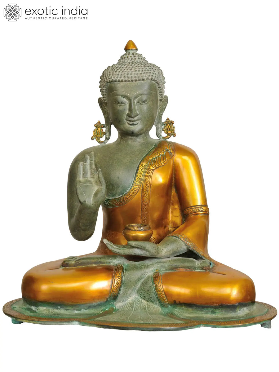 19" Gautam Buddha Handmade Brass Statue with Gold Plating