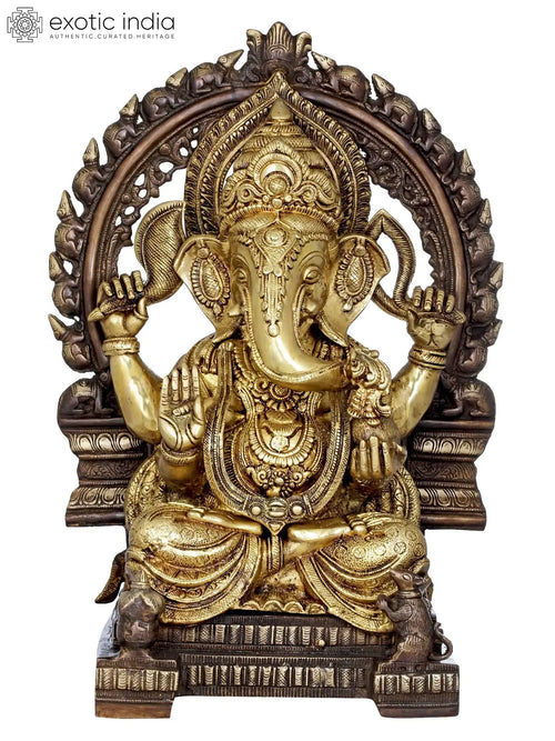21" Enthroned Ganesha Brass Statue Handmade Home Decor