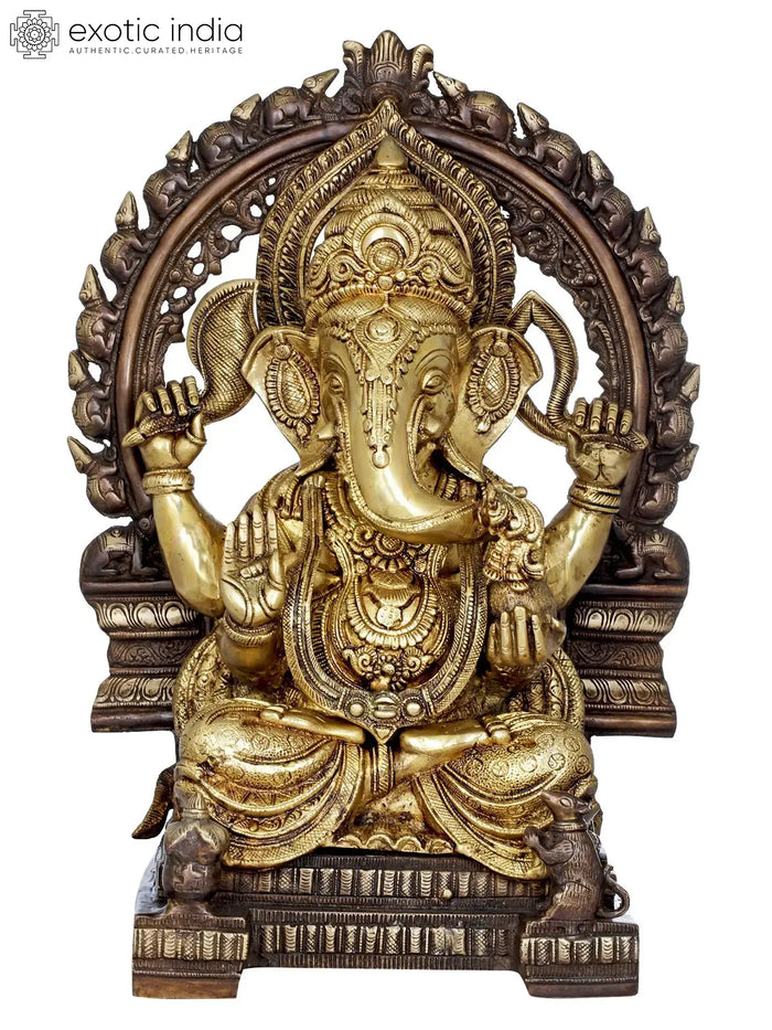 21" Enthroned Ganesha Brass Statue Handmade Home Decor