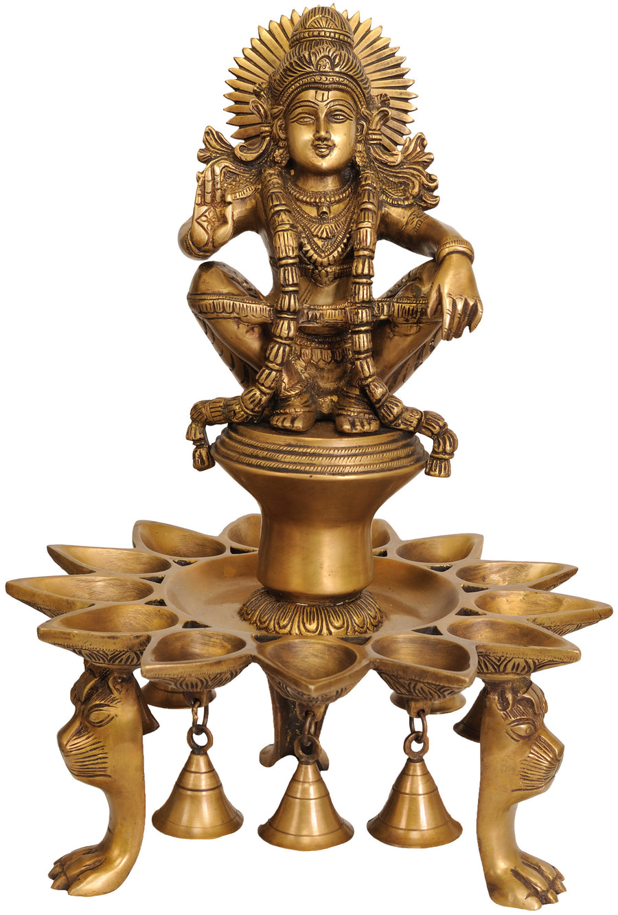 18" Handmade Brass Lord Ayyappan Lamp with Bells and Lion Head Legs