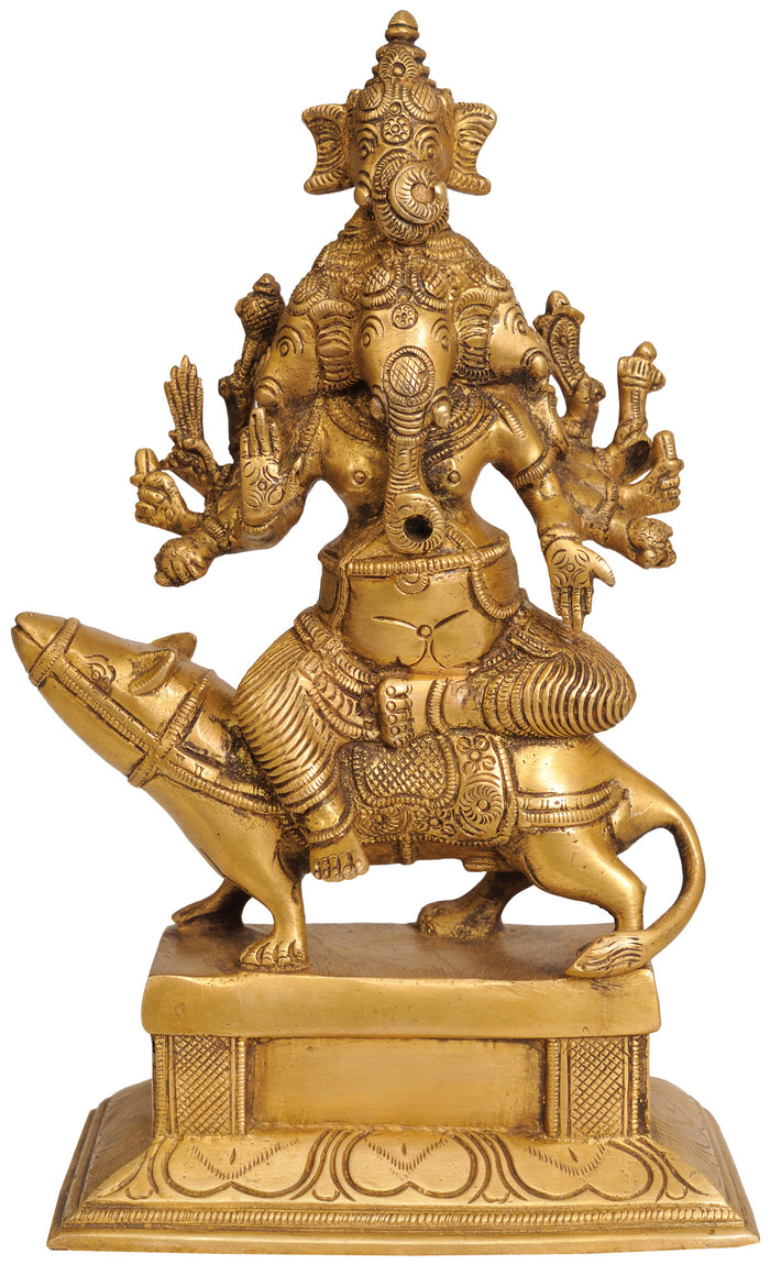 9" Five Headed Ganesha Brass Statue with Mount Handmade